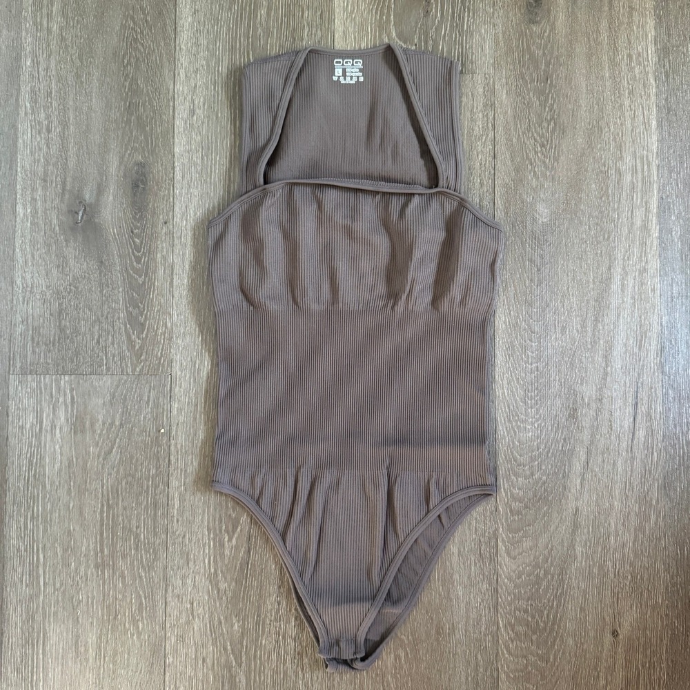 OQQ Bodysuit Women Large Brown Ribbed Square Neck Sleeveless Stretch